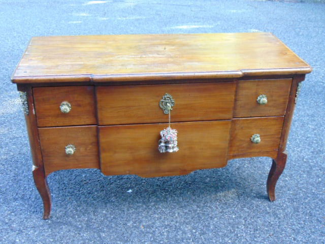 Early 19th c. Fruitwood French Provincial two drawer dresser, w/ brass hardware & decoration, 51" x (1 of 4)