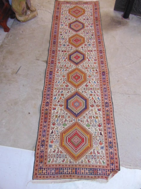 Flatweave runner, decorated with various animals, Egyptian style, runner is 9'7" by 33.5": (1 of 5)