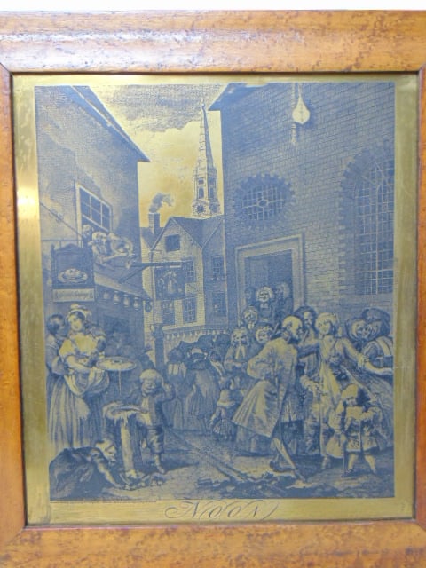 Pair brass engraved panels, "Beer Street" & "Noon", in birds eye frames, 16.5" by 15" (including (1 of 4)