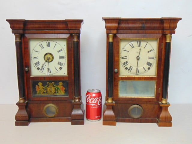 2 antique mantel clocks, 8 day, one with eglomise panel, in rosewood, clocks are 16" tall (1 of 5)