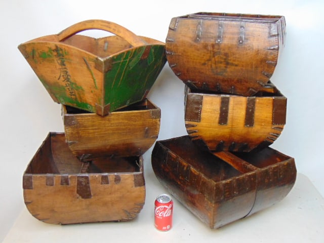 Lot of 6 Chinese wood carriers, some with calligraphy, various sizes. (1 of 7)