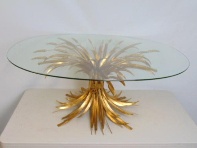 Gilt metal base wheat table with glass top, top (glass) is 42" by 30.75", height is 17 5/8" (1 of 5)