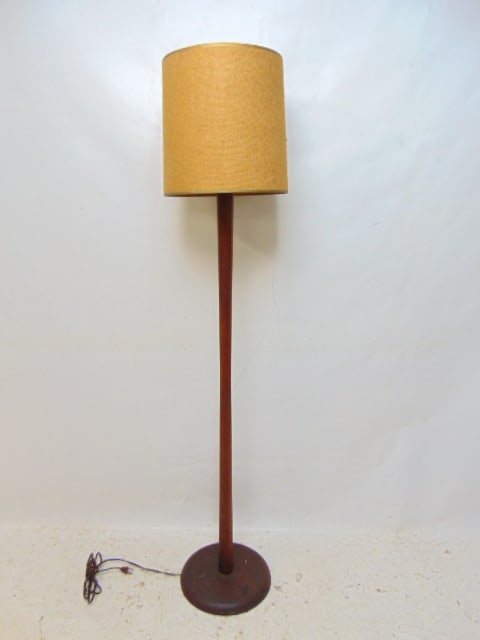 Mid Century teak floor lamp with shade, height is 57.25", with milk glass diffuser (1 of 5)