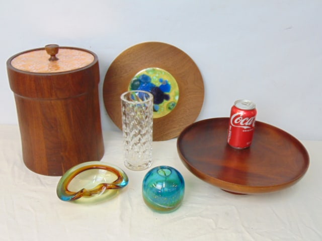 Lot woodware & art glass, wood ice bucket with enameled lid, art glass vase & bowl, round wood (1 of 8)