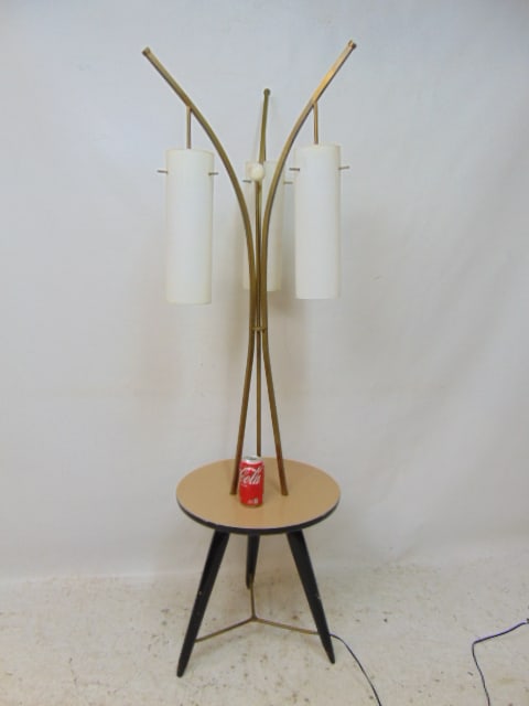 Mid Century lamp table with three hanging cylinder shades, one shade broken, repaired, formica top, (1 of 4)