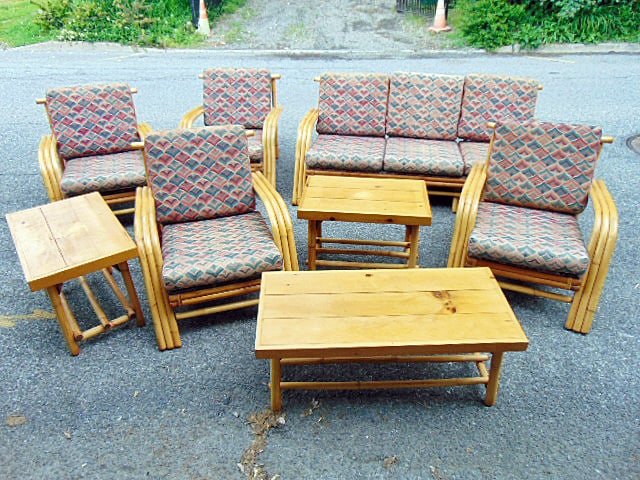 Rattan patio set, sofa, 4 arm chairs, 3 tables, with cushions, good condition. (1 of 12)