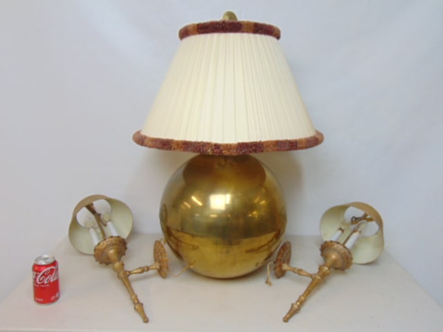 Large brass ball shaped table lamp & pair gold painted wall sconces with metal shades, each sconce (1 of 5)
