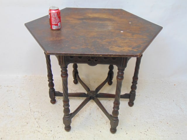 Octagonal top carved base oak table with spiral legs, stretcher base, top is 29.5" wide, height is (1 of 4)