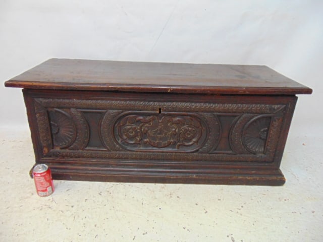 Early carved travel chest, box with carved front, iron handles, 18th Century, lid loose, lock inside (1 of 5)