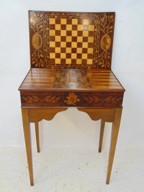 Inlaid marquetry game stand with fold out top, backgammon, checkers, top is 23.5" by 13.5", height (1 of 8)