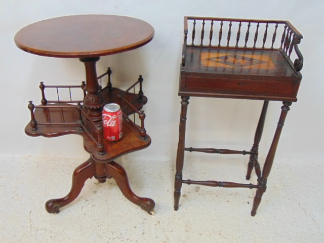 2 antique stands, inlaid single drawer stand with gallery & round stand with rotating lower gallery, (1 of 5)