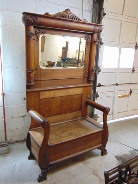 Large oak hall seat, with mirror, coat hooks & lift top seat, carved detail, 46" wide, 19.5" deep, (1 of 7)