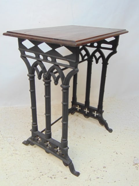 Industrial Gothic style iron base table with wood top table is 25.5" by 18", height is 30.75" (1 of 4)
