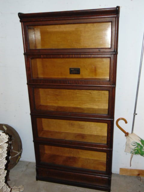 Barrister oak bookcase, by Macy, 5 stacks plus base & top, height as shown is 6 feet, drawer in base (1 of 4)
