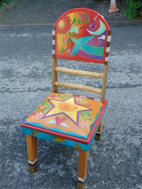 Sticks furniture, hand painted chair w/ leather stitched seat & hand painted seat, 42" height, 19" x (1 of 6)