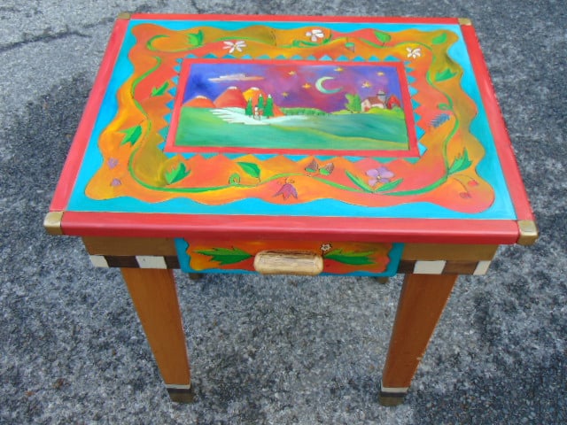 Sticks furniture, painted nightstand w/ nocturnal scene, interior draw says "good night", glass top, (1 of 5)