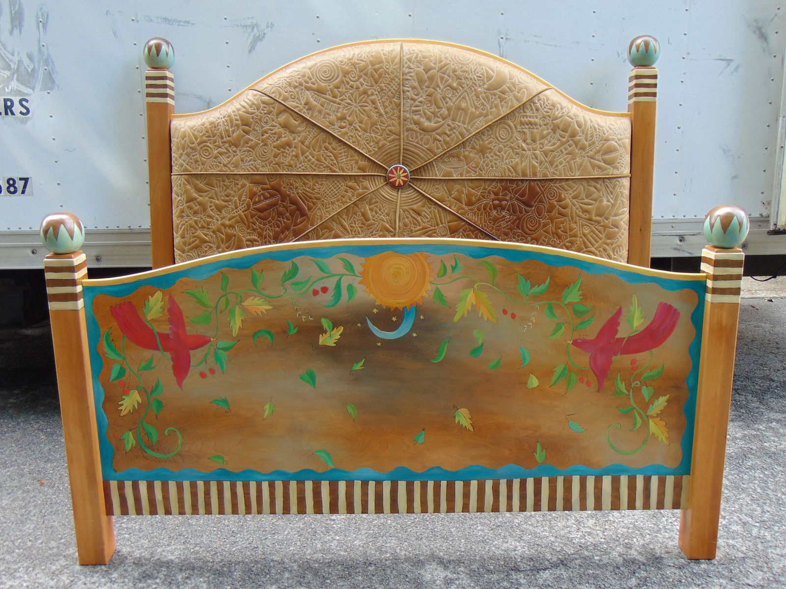 Sticks furniture, king size bed w/ leather headboard sewn decoration, footboard hand painted wood, (1 of 20)