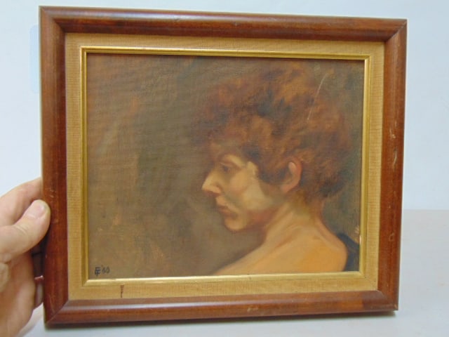 Painting, portrait woman, signed E.T. (?) '60, oil on canvas board, 8" by 10" (1 of 4)