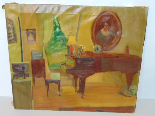 Painting, interior scene with piano, Tw. Orlando, To Hilda, with Love, extensive writing on reverse,: Painting, interior scene with piano, Tw. Orlando, To Hilda, with Love, extensive writing on reverse, see images, , oil on canvas, unframed, several small holes, loose on stretcher, 22" by 26"