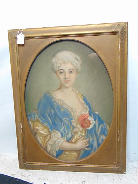 Painting, portrait of a lady holding flower, unsigned, pastel on canvas, with glass front frame, (1 of 7)