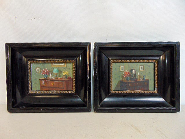2 small paintings, interior scenes with furniture, signed Rudolf Klingsbogl, Klingsberg, oil on (1 of 5)