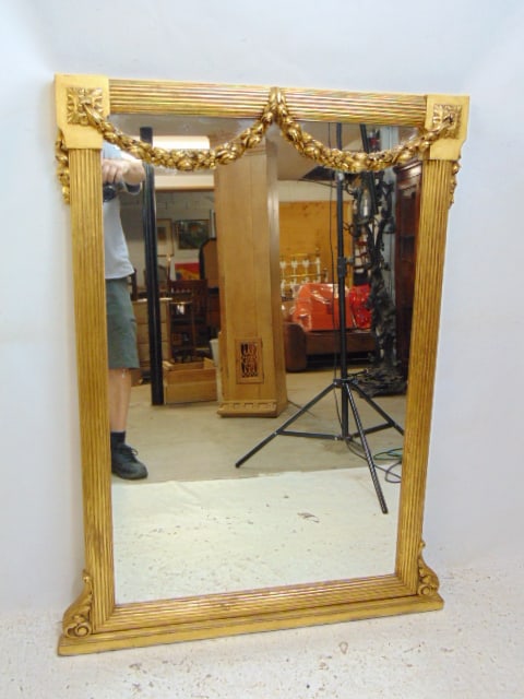 Gilt mirror with ribbon decoration, mirror is 48.5" tall, width is 37.25" (1 of 4)