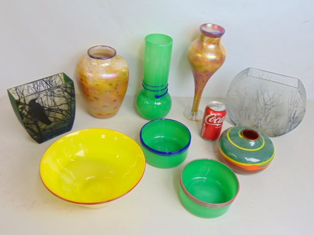 9 pieces of art glass, includes 5 vases & 4 bowls, various sizes & shapes, most are signed, please (1 of 8)