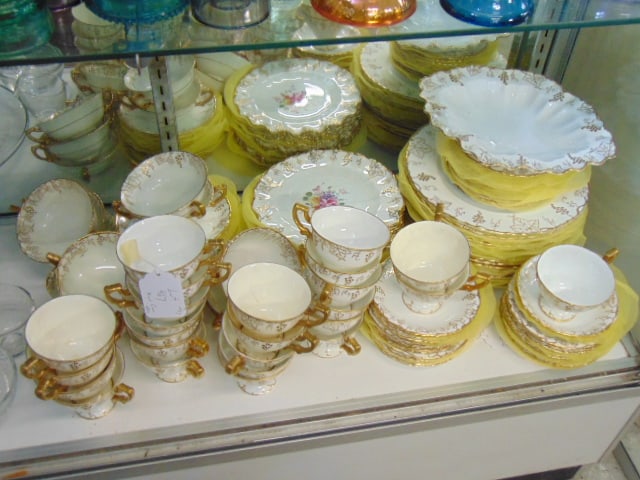 Large set of porcelain dinnerware by Royal Crown Derby, with gilt grape decorations & painted floral (1 of 5)