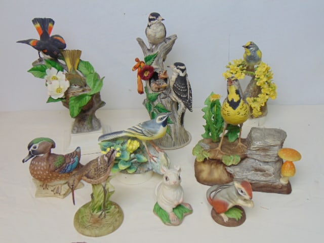 Lot of bisque porcelain bird figurines, also includes chipmunk & mouse, 9 figurines, one bird (1 of 12)