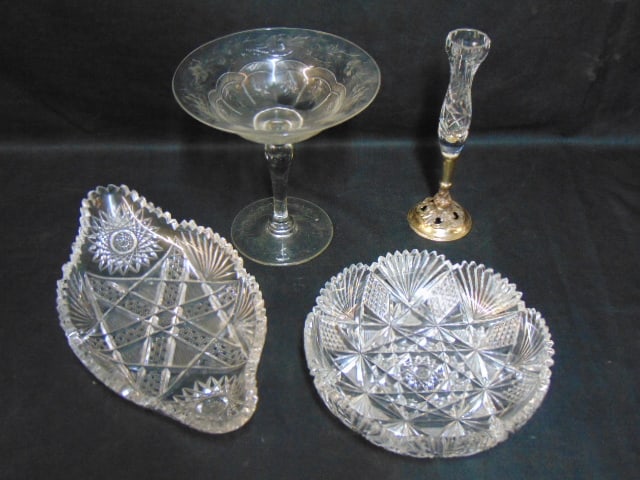 Glass lot, crystal compote, manner of Hawkes, bud vase with silverplate base & 2 cut crystal dishes,: Glass lot, crystal compote, manner of Hawkes, bud vase with silverplate base & 2 cut crystal dishes, both with several chipped teeth.