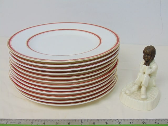Set Minton plates & figurine, 12 Minton dinner plates with red & gilt borders, 10.5" in diameter & (1 of 7)