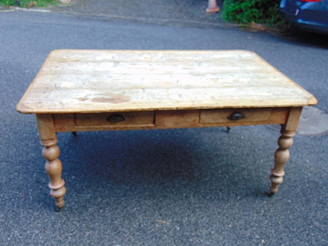 English farm table in scrubbed pine, two drawers on each side, 67" x 43" height is 30 1/2", has (1 of 5)