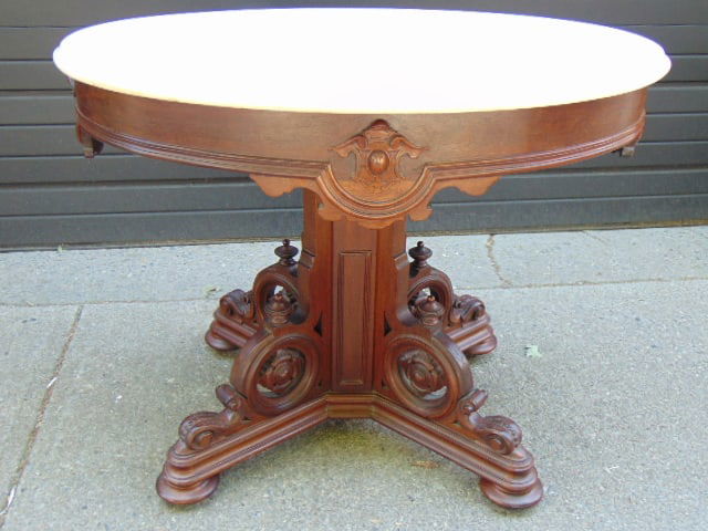 Victorian walnut marble top table, oval, top is 37.5" by 26", height is 29.75" (1 of 3)