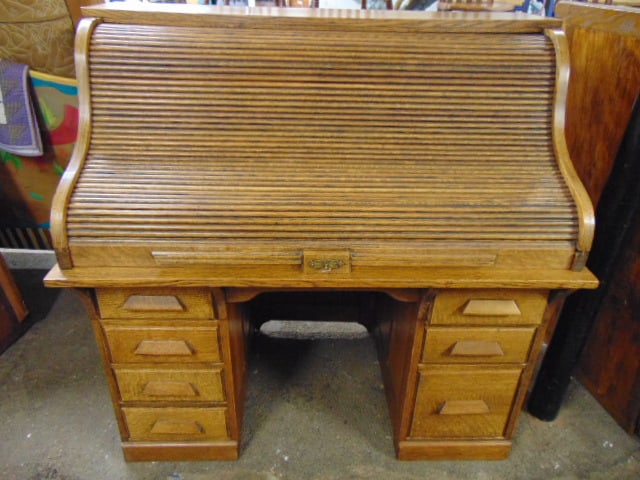 Oak roll top desk, S type, fitted interior, no center drawer, desk is 50" by 30", height is 50.5", (1 of 7)