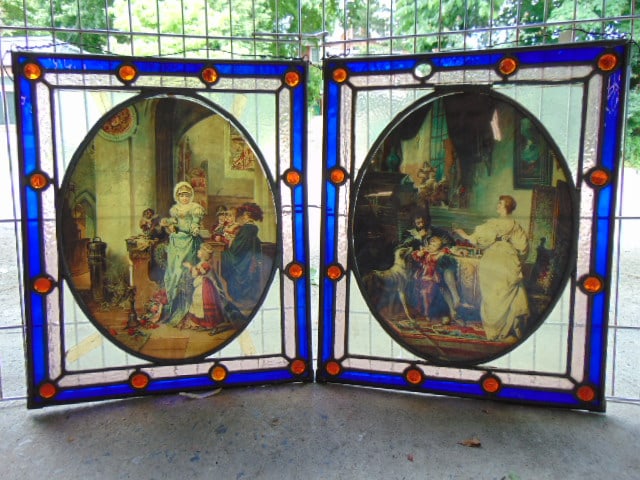 2 small leaded windows with oval inserted print, each window is 19" by 15.5", several cracked (1 of 5)