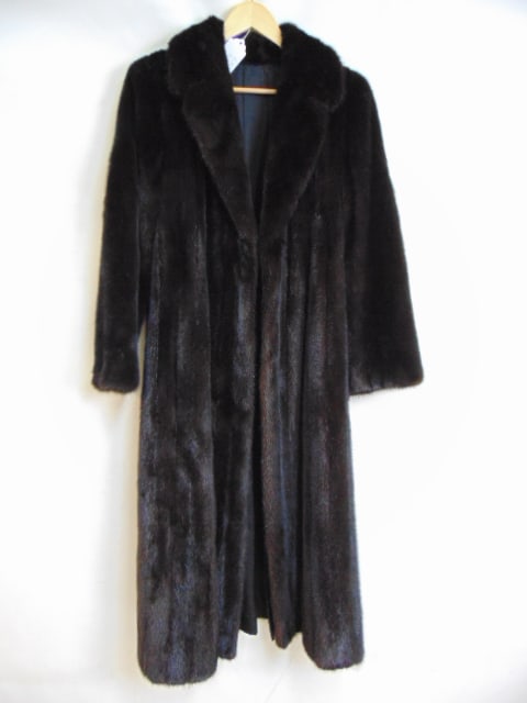 Fur coat, full length, dark brown, no make, lining is torn, coat is 50", sleeves are 23", sizes are (1 of 4)