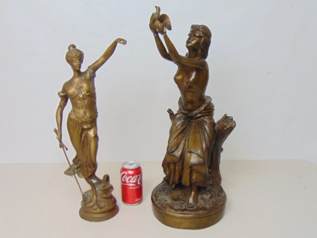 2 bronzes, "Justice" & lady releasing bird, not old, Justice is missing scale, 20" tall, lady with (1 of 4)