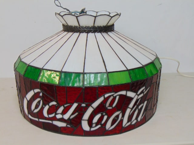Coca Cola hanging leaded dome, red border with white letters, dome is 19.5" in diameter 1970's (1 of 4)