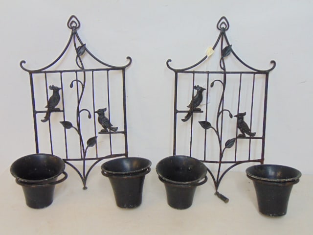 Pair "birdcage" iron hanging planters, each holds two flower pots, in black paint, two birds in each (1 of 6)