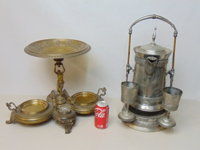 2 large silver plate Victorian centerpieces, coffee can with goblets & figural dish holder (1 of 6)