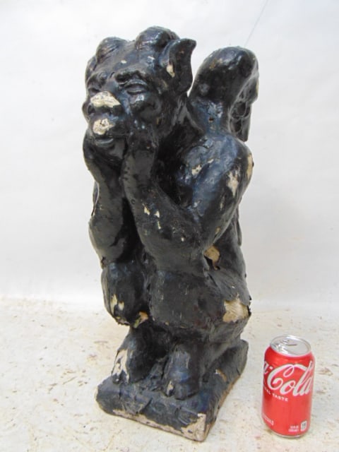 Cement garden statue, gargoyle in black paint, height is 20.5", missing piece of rear corner (1 of 4)