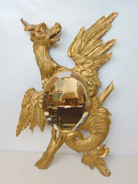 Gilt painted mirror, dragon shaped, oval glass beveled mirror, 33" long, 27" wide, size (1 of 4)