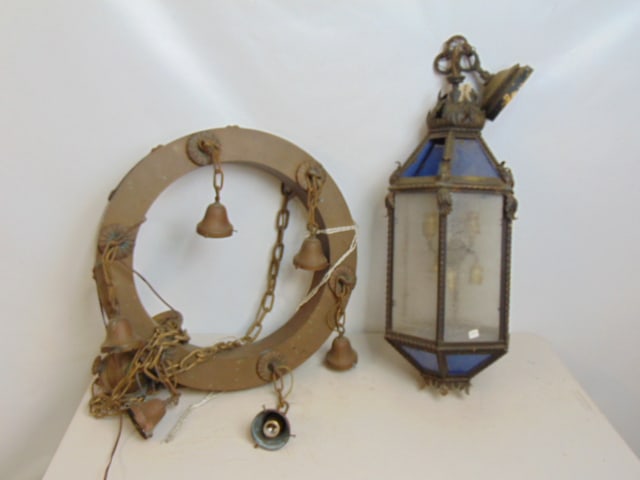 Large iron hanging lantern & brass ring fixture, lantern is 33.5" tall, some panels broken, ring (1 of 4)
