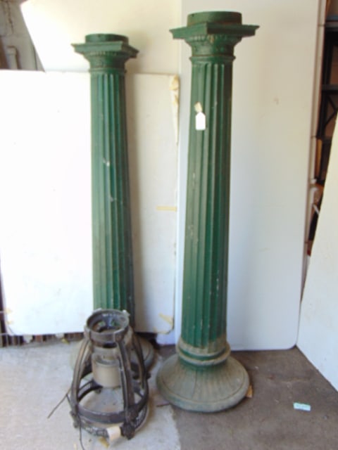Pair fluted metal columns & 2 streetlight lanterns, columns in green paint, height is 6 feet, on (1 of 6)