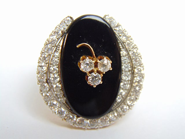 Jewelry. Vintage Diamond & black onyx horseshoe ring, custom made, 14kt yellow gold. three small (1 of 7)