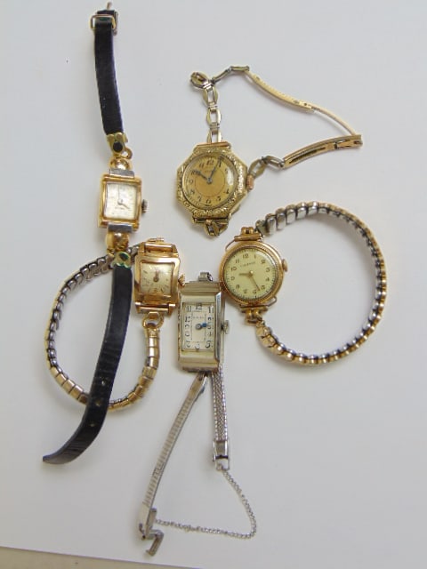 Jewelry. Collection of (5) Vintage wristwatches to include 14kt white gold Art Deco Gruen, band GF; (1 of 6)