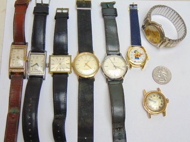 Collection of Vintage wristwatches to include gold 14k Colomby Incablock face no band; Pierpoint; (1 of 7)