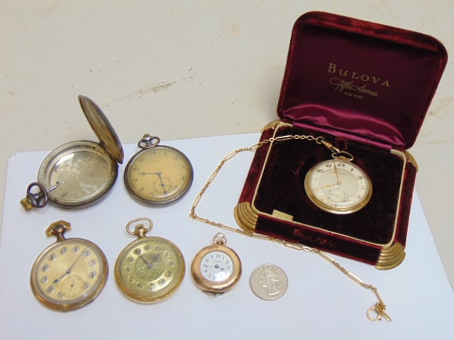 Collection of VIntage pocket watches to include 10k rolled gold Bulova in original case w/ gf watch (1 of 6)