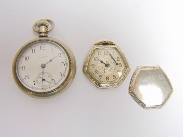 (2) Vintage pocket watches large Elgin sterling & Art Deco white gold filled pocket watch, one hand (1 of 7)