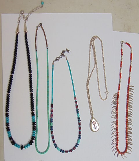 Collection of Native American jewelry (5) necklaces, turquoise; sterling; mop, etc (1 of 4)